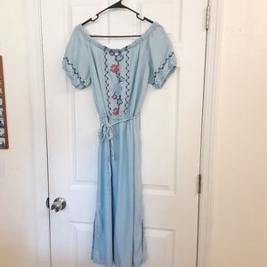 Chambray embroidered off shoulder dress TALL